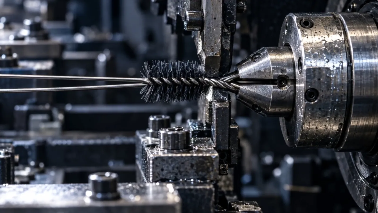Illustrative close-up of a twisted-wire brush emerging from a steel machine chuck